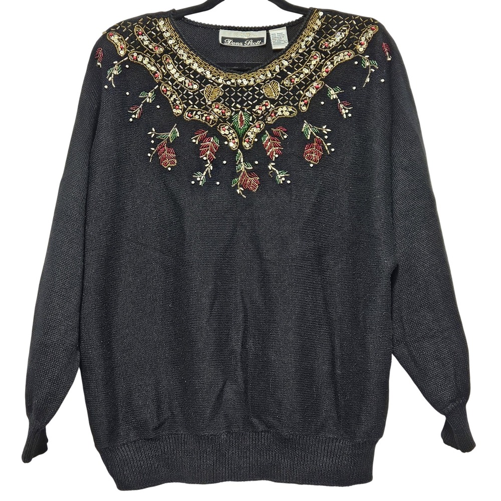 Vintage Dana Scott black sweater beaded sequined‎ holiday embellishment large